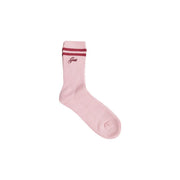 Guess women soft pink cotton blend ribbed socks with maroon stripes and subtle embroidered logo near the top