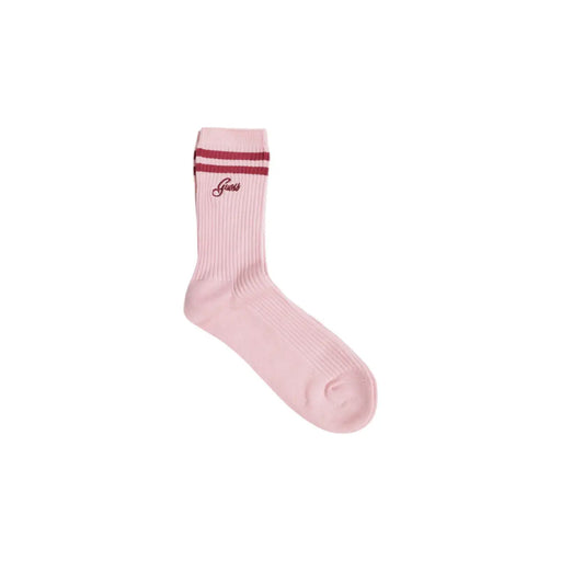 Guess women soft pink cotton blend ribbed socks with maroon stripes and subtle embroidered logo near the top