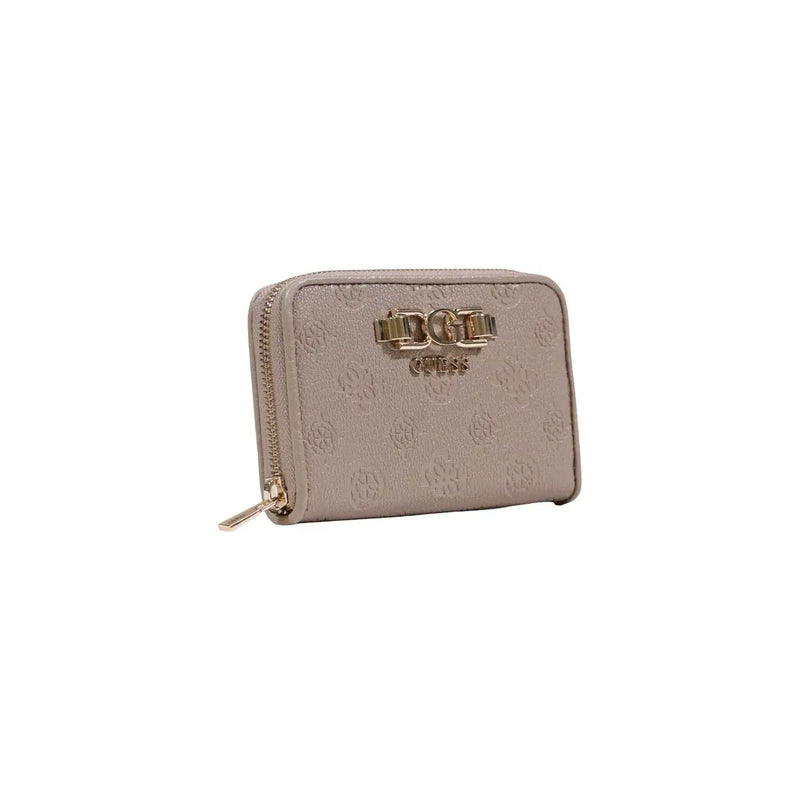 Beige guess women wallet with textured polyurethane surface and gold tone metal clasp with zip pockets 14x9x3 cm