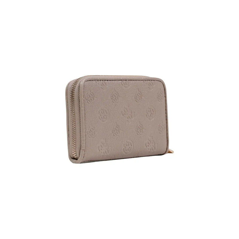 Taupe-colored Guess women wallet in beige polyurethane with zip pockets and embossed logo pattern, front view