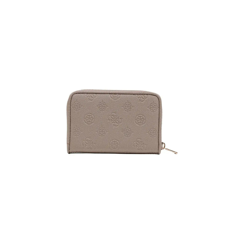 Beige Guess women wallet made of polyurethane with embossed logo pattern and zippered pockets, measuring 14x9x3 cm