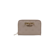 Beige guess women wallet made of polyurethane features zip pockets embossed floral pattern and gold-tone clasp