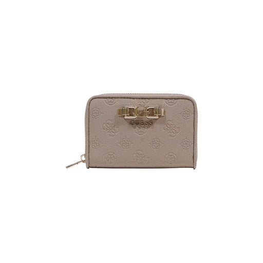 Beige guess women wallet made of polyurethane features zip pockets embossed floral pattern and gold-tone clasp
