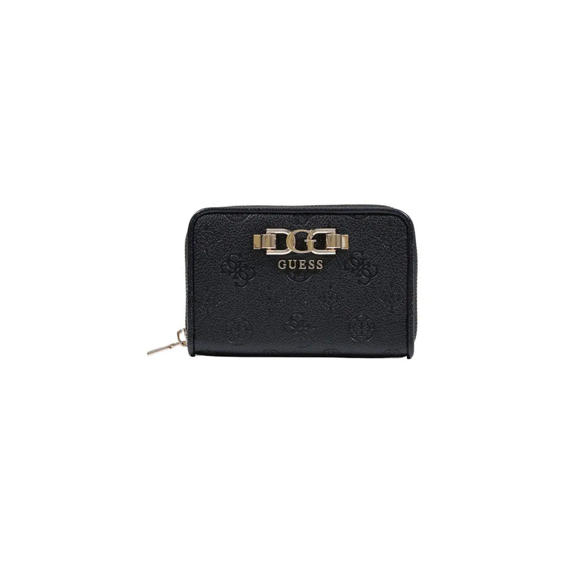 Black guess women wallet in polyurethane with embossed logo and gold-tone clasp featuring zip pockets 14x9x3 cm