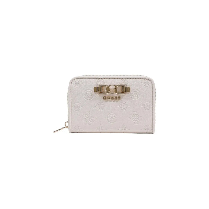 White guess women wallet in beige polyurethane with embossed logo pattern and gold-tone clasp, zip pockets 14x9x3 cm