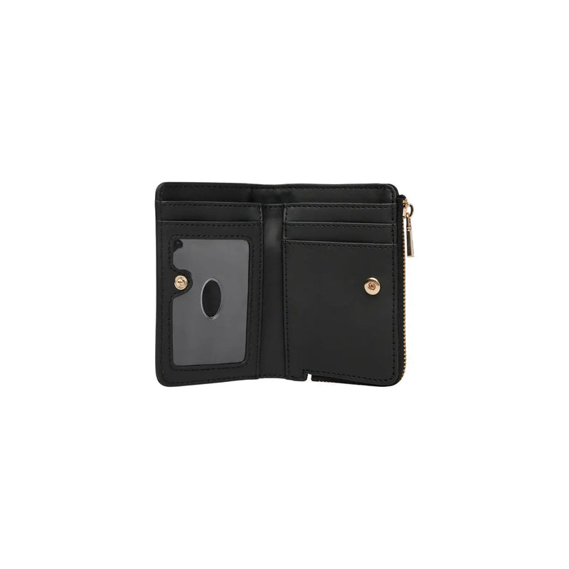 Black leather tri-fold Guess women wallet with gold-tone zipper snap buttons polyurethane 12x8x2 cm