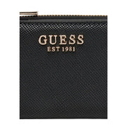 Black textured Guess women wallet made of polyurethane with gold-tone est 1981 logo and zipper 12x8x2 cm