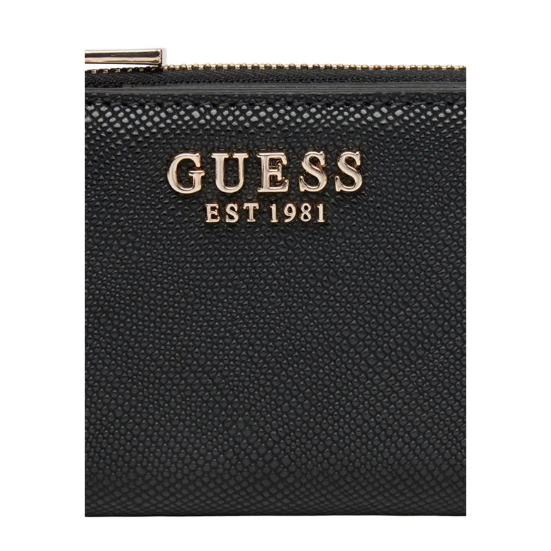 Black textured Guess women wallet made of polyurethane with gold-tone est 1981 logo and zipper 12x8x2 cm