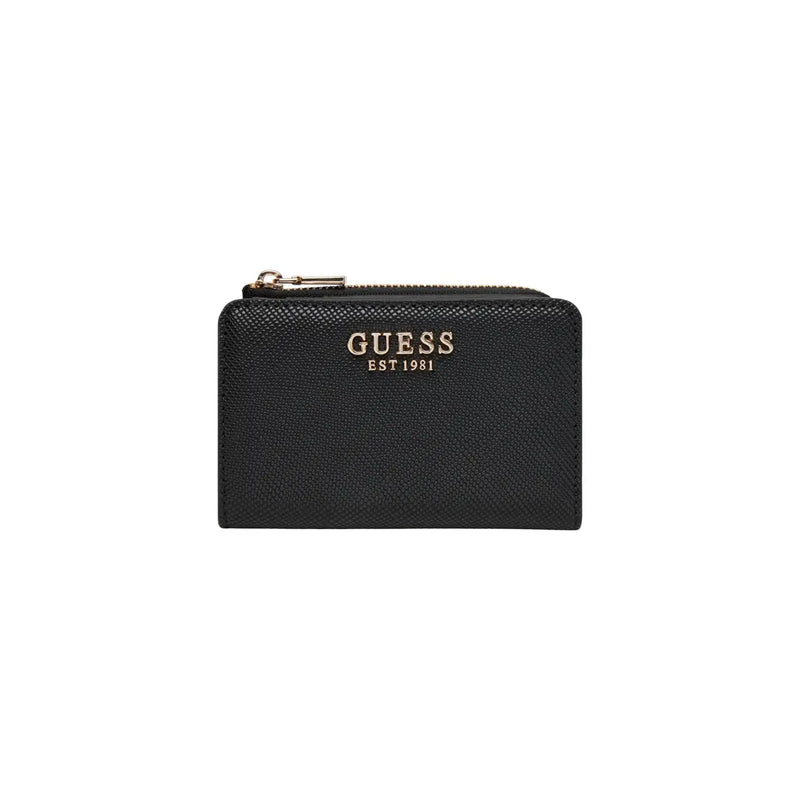 Black textured Guess women wallet made of polyurethane with gold-tone zipper and logo measuring 12x8x2 cm