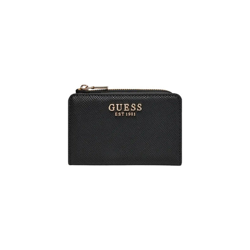 Black textured Guess women wallet made of polyurethane with gold-tone zipper and logo measuring 12x8x2 cm