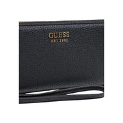 Black pebbled leather Guess women wallet with gold tone logo and zipper in polyurethane zip pocket 20x10x2