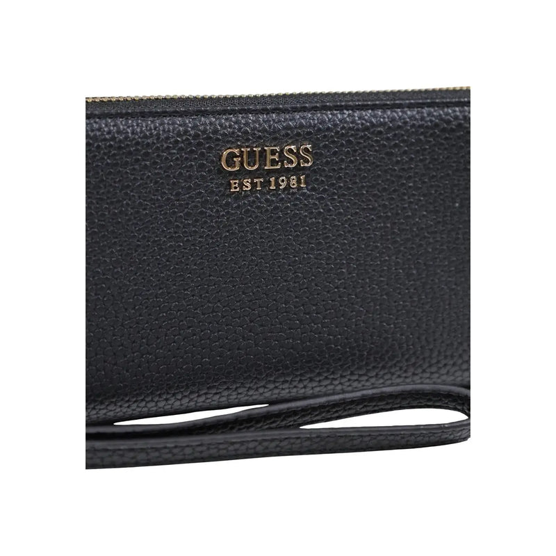 Black pebbled leather Guess women wallet with gold tone logo and zipper in polyurethane zip pocket 20x10x2