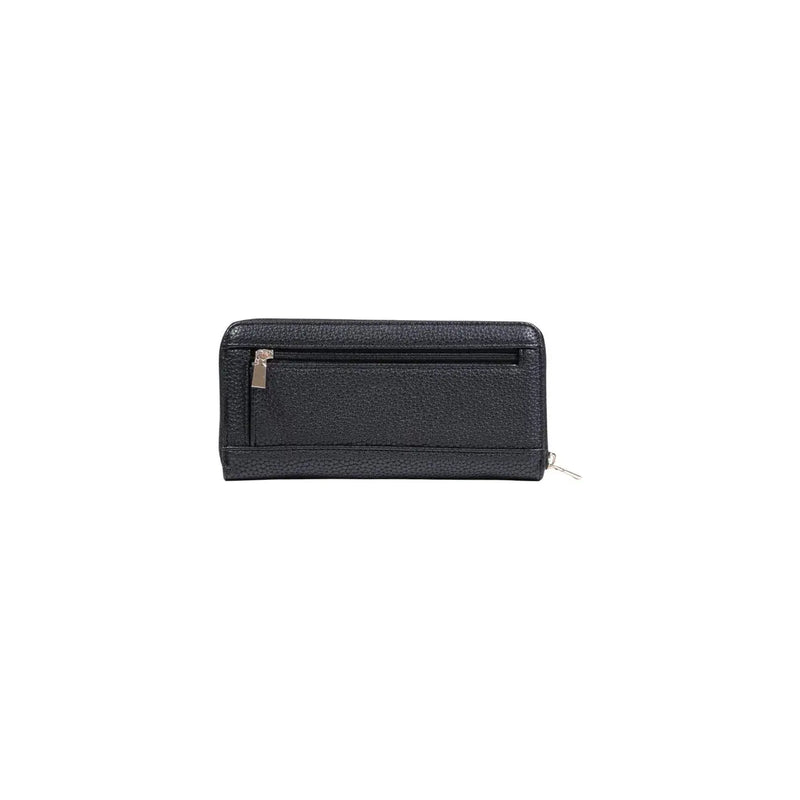 Black textured Guess women wallet made of polyurethane with zipper closure and metallic pull tabs, 20x10x2 cm
