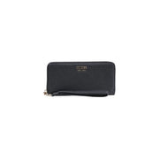 Black textured leather Guess women wallet with wrist strap and silver-toned zipper pocket 20x10x2 cm