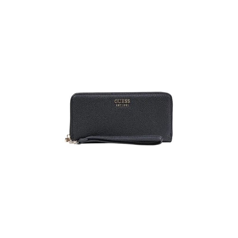 Black textured leather Guess women wallet with wrist strap and silver-toned zipper pocket 20x10x2 cm