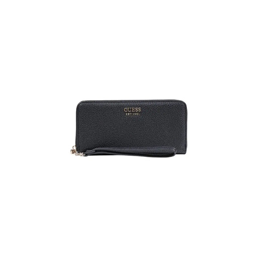 Black textured leather Guess women wallet with wrist strap and silver-toned zipper pocket 20x10x2 cm
