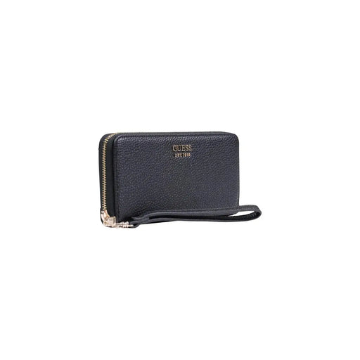 Black textured leather guess women wallet with gold-tone zipper and wrist strap in polyurethane 20x10x2 cm