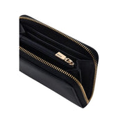 Guess women black zip polyurethane wallet with gold-tone zipper and hardware measuring 14x9x3 centimeters