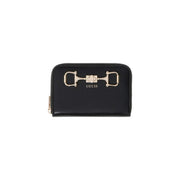 Black guess women wallet with gold-tone horsebit clasp zippered closure made of polyurethane size 14x9x3 cm