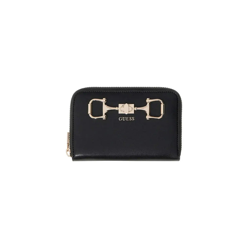 Black guess women wallet with gold-tone horsebit clasp zippered closure made of polyurethane size 14x9x3 cm