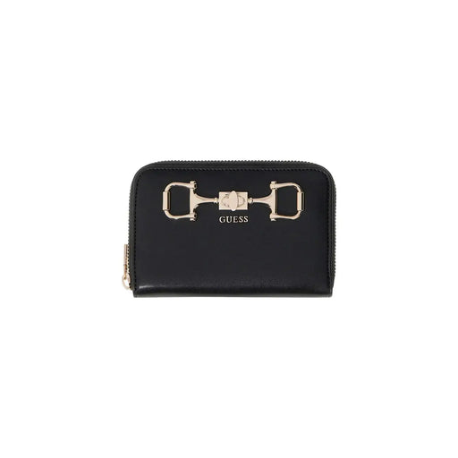Black guess women wallet with gold-tone horsebit clasp zippered closure made of polyurethane size 14x9x3 cm