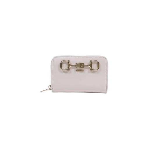 A sleek white Guess women wallet with zipper, metallic horsebit clasp, subtle stitching, made of polyurethane