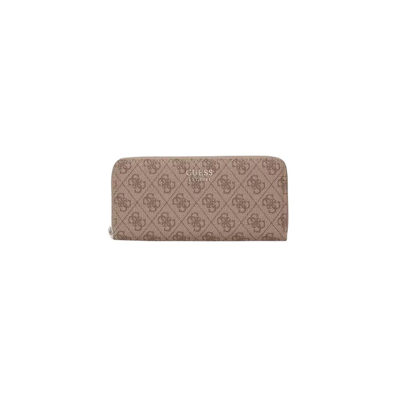 Beige Guess women wallet in grey polyurethane with repeating monogram pattern and metallic logo size 20cm
