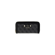 Black Guess women wallet Coleen logo grey polyurethane with repeating monogram pattern and gold-tone zipper