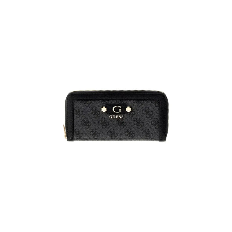 Black Guess women wallet Coleen logo grey polyurethane with repeating monogram pattern and gold-tone zipper