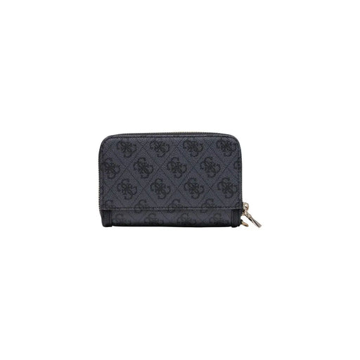 Black guess women wallet coleen logo grey polyurethane 16cm with repeating logo pattern and silver zipper closure