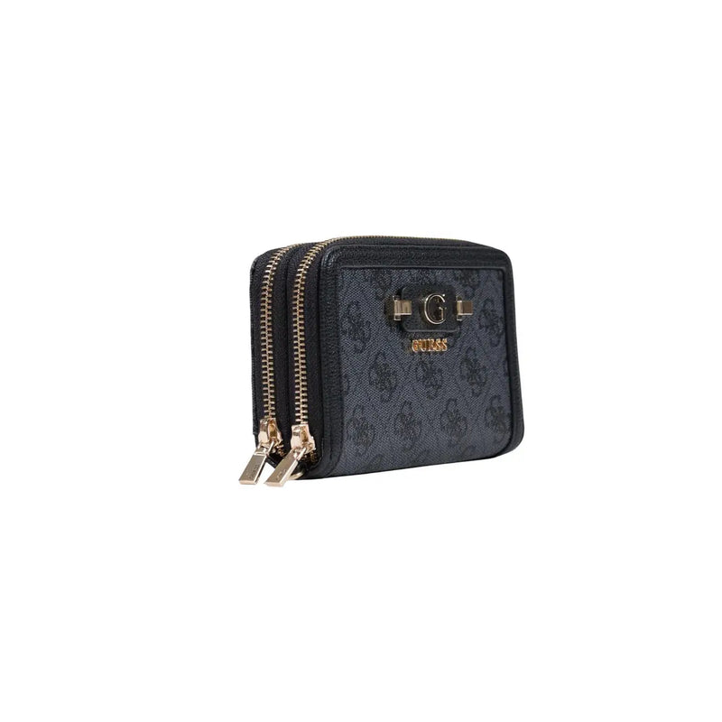Black Guess women wallet Coleen logo grey polyurethane with gold-tone zippers and logo hardware 16cm