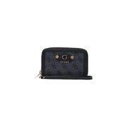 Black Guess wristlet with grey polyurethane material, repeating monogram pattern, and gold-tone logo hardware
