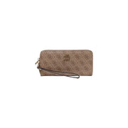 Beige Guess women wallet wristlet with repeating monogram pattern gold-tone logo grey polyurethane 16cm