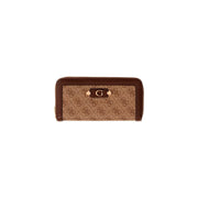 Brown and beige patterned Guess zip-around wallet with metallic logo plaque in grey polyurethane 16cm for women