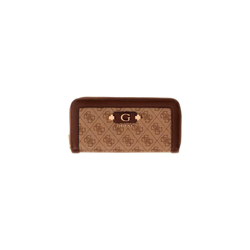 Brown and beige patterned Guess zip-around wallet with metallic logo plaque in grey polyurethane 16cm for women
