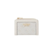 A sleek off-white Guess Women wallet Coleen logo in grey polyurethane with subtle texture and gold-tone branding