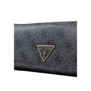 Black textured Guess women wallet in grey plain polyurethane with gold-tone triangular logo emblem size 10x20x4 cm