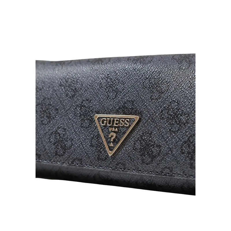 Black textured Guess women wallet in grey plain polyurethane with gold-tone triangular logo emblem size 10x20x4 cm