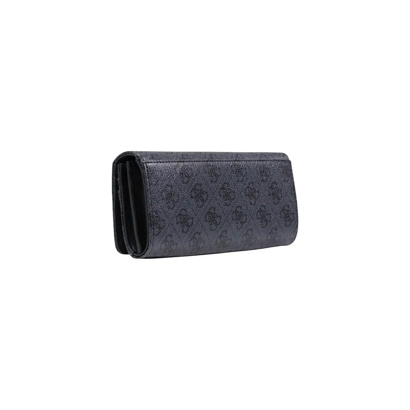 Dark gray textured Guess women wallet in plain polyurethane with repeating embossed logo pattern, size 10x20x4 centimeters