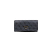 Dark gray Guess women wallet with subtle repeating pattern and metallic triangular logo in plain polyurethane