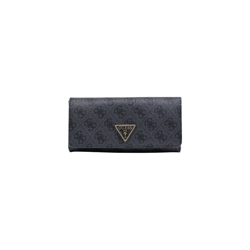 Dark gray Guess women wallet with subtle repeating pattern and metallic triangular logo in plain polyurethane