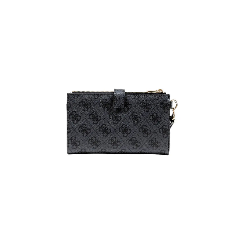 Black guess women wallet with repeating logo pattern and gold-tone zipper in grey polyurethane size 18x11x3 cm