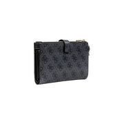Black Guess women wallet in grey polyurethane with repeating logo pattern and gold-tone zipper, size 18x11x3 cm