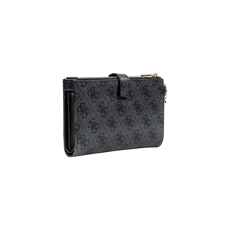 Black Guess women wallet in grey polyurethane with repeating logo pattern and gold-tone zipper, size 18x11x3 cm