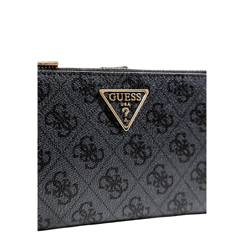 Black guess clutch with subtle textured pattern and gold-tone triangular logo made of grey polyurethane 18x11x3 cm