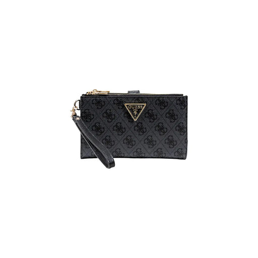 Black Guess wristlet wallet in grey polyurethane with repeating logo pattern and gold-tone triangular brand emblem