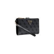 Black Guess women wristlet in grey polyurethane with subtle repeating pattern and gold-tone triangular logo, size 18x11x3