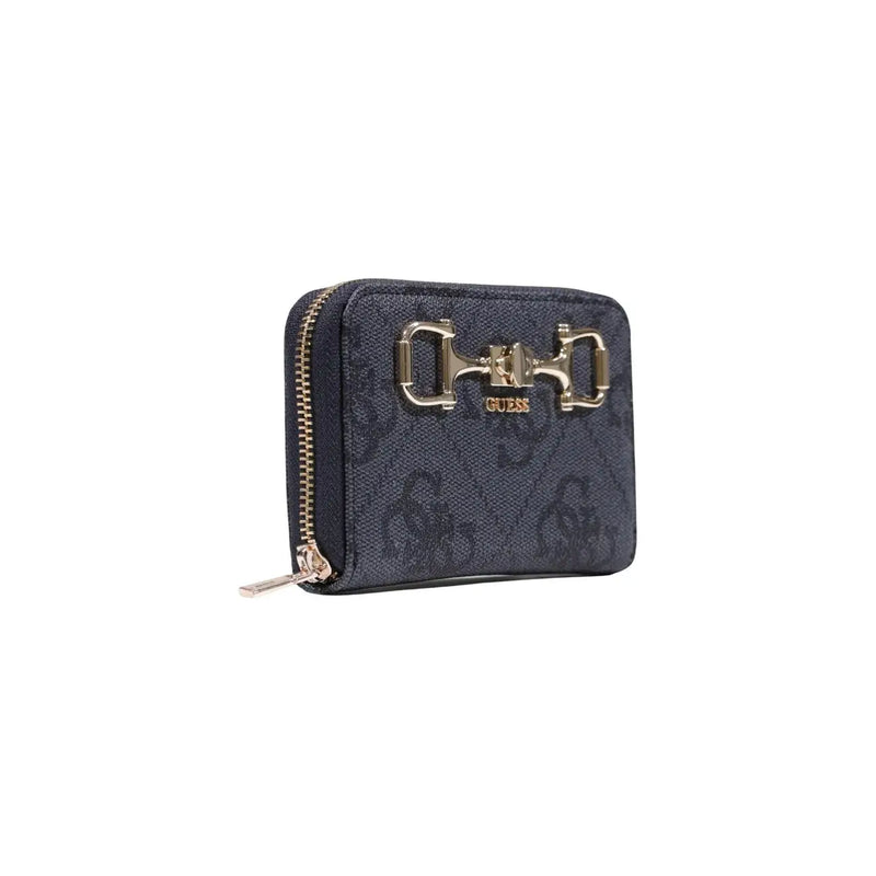 Dark blue Guess women’s wallet with repeating pattern gold-tone horsebit clasp and grey zip inside pockets 14x9x2.5 cm