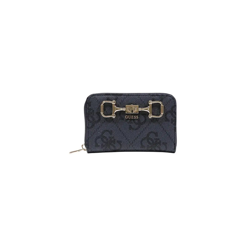 Dark blue patterned guess women wallet with gold-tone horsebit clasp grey zip inside pockets size 14x9x2.5 cm