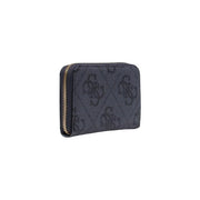 Dark blue Guess women wallet with repeating monogram pattern gold-toned zipper grey zip inside pockets size 14x9x2.5 cm